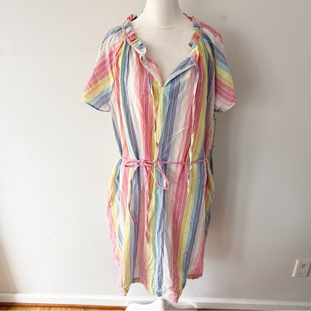 NWT Draper James Women Rainbow Stripe Belted Dress Beach Vacation Summer Casual